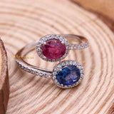 Natural Blue Sapphire, Ruby Gemstone With Diamond 18k White Gold Ring