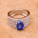 Natural Blue Sapphire Gemstone With Diamond 18k White Gold Band Ring