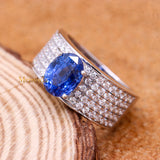 Natural Blue Sapphire Gemstone With Diamond 18k White Gold Band Ring