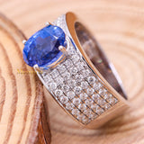 Natural Blue Sapphire Gemstone With Diamond 18k White Gold Band Ring