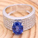 Natural Blue Sapphire Gemstone With Diamond 18k White Gold Band Ring