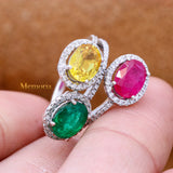 Natural Emerald, Ruby, Yellow Sapphire Gemstone With Diamond 18k White Gold Ring