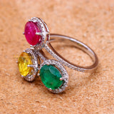 Natural Emerald, Ruby, Yellow Sapphire Gemstone With Diamond 18k White Gold Ring