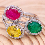 Natural Emerald, Ruby, Yellow Sapphire Gemstone With Diamond 18k White Gold Ring