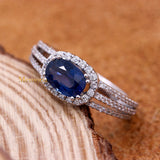 Natural Blue Sapphire Gemstone With Diamond 18k White Gold Ring