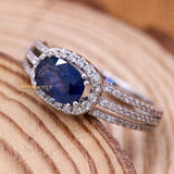 Natural Blue Sapphire Gemstone With Diamond 18k White Gold Ring