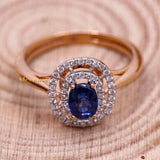 Natural Blue Sapphire Gemstone With Diamond 18k Rose Gold Ring