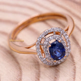 Natural Blue Sapphire Gemstone With Diamond 18k Rose Gold Ring