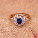 Natural Blue Sapphire Gemstone With Diamond 18k Rose Gold Ring