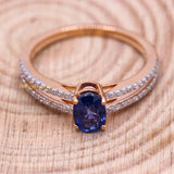 Natural Blue Sapphire Gemstone With Diamond 18k Rose Gold Ring