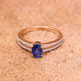 Natural Blue Sapphire Gemstone With Diamond 18k Rose Gold Ring