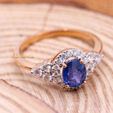 Natural Blue Sapphire Gemstone With Diamond 18k Rose Gold Ring