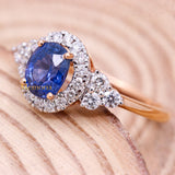 Natural Blue Sapphire Gemstone With Diamond 18k Rose Gold Ring