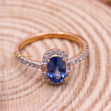 Natural Blue Sapphire Gemstone With Diamond 18k Rose Gold Ring