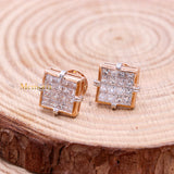 Sqaure Natural Diamond 18k Rose Gold Stud Earring