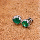 Natural Emerald Gemstone With Diamond 18k Yellow Gold Stud Earring