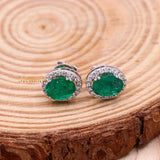 Natural Emerald Gemstone With Diamond 18k Yellow Gold Stud Earring