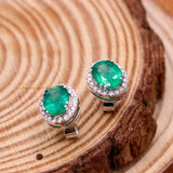 Natural Emerald Gemstone With Diamond 18k Yellow Gold Stud Earring