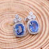 Natural Blue Sapphire Gemstone & Diamond 18k White Gold Stud Earring