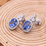 Natural Blue Sapphire Gemstone & Diamond 18k White Gold Stud Earring