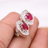 Natural Ruby Gemstone With Diamond 18k White Gold Stud Earring