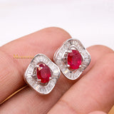 Natural Ruby Gemstone With Diamond 18k White Gold Stud Earring