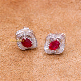 Natural Ruby Gemstone With Diamond 18k White Gold Stud Earring