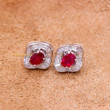 Natural Ruby Gemstone With Diamond 18k White Gold Stud Earring