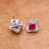 Natural Ruby Gemstone With Diamond 18k White Gold Stud Earring