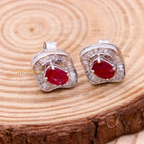 Natural Ruby Gemstone With Diamond 18k White Gold Stud Earring