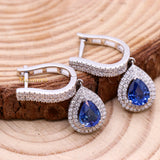 Natural Blue Sapphire Gemstone & Diamond 18k White Gold Earring