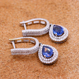 Natural Blue Sapphire Gemstone & Diamond 18k White Gold Earring