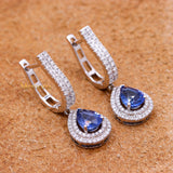 Natural Blue Sapphire Gemstone & Diamond 18k White Gold Earring