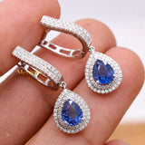 Natural Blue Sapphire Gemstone & Diamond 18k White Gold Earring