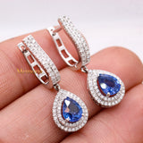 Natural Blue Sapphire Gemstone & Diamond 18k White Gold Earring