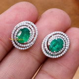 Natural Emerald Gemstone With Diamond 18k White Gold Stud Earring