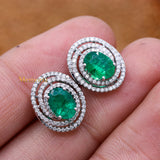 Natural Emerald Gemstone With Diamond 18k White Gold Stud Earring