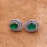 Natural Emerald Gemstone With Diamond 18k White Gold Stud Earring