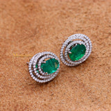 Natural Emerald Gemstone With Diamond 18k White Gold Stud Earring