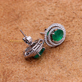 Natural Emerald Gemstone With Diamond 18k White Gold Stud Earring