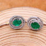 Natural Emerald Gemstone With Diamond 18k White Gold Stud Earring