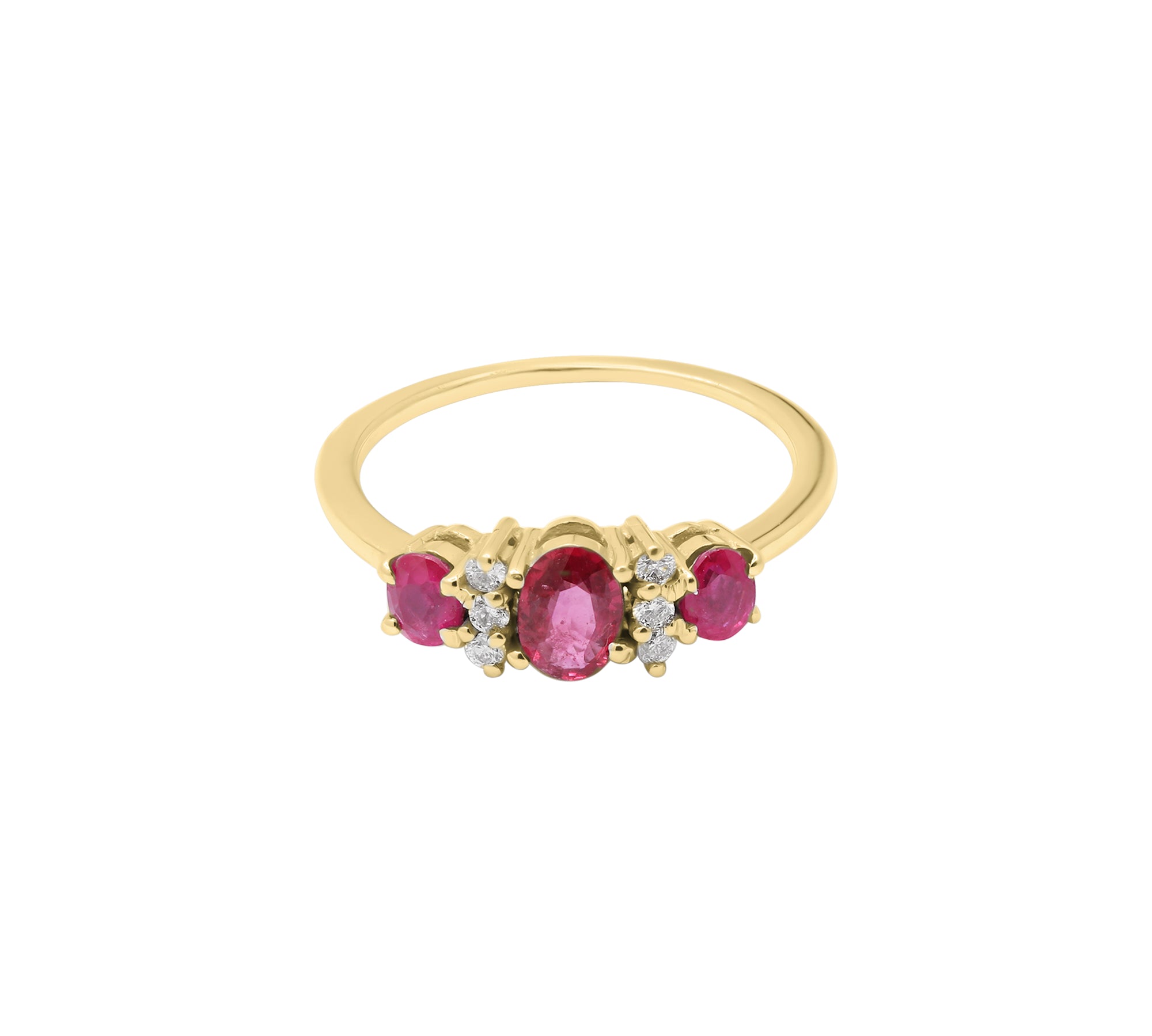 Three Stone Natural Ruby Gemstone & Diamond 18k White Gold Handmade Ring For Women