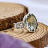 Natural Green Amethyst & Cubic Zircon 925 Silver Healing Ring