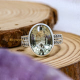 Natural Green Amethyst & Cubic Zircon 925 Silver Healing Ring