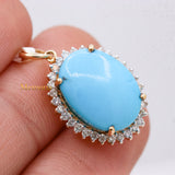 Natural Turquoise Gemstone With Diamond Pendant 14k Yellow Gold