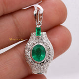 Natural Emerald Gemstone With Diamond Designer Pendant 18k White Gold