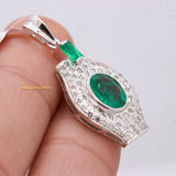 Natural Emerald Gemstone With Diamond Designer Pendant 18k White Gold