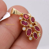 Floral Natural Ruby Gemstone With Diamond Beaded Pendant 14k Yellow Gold