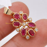 Floral Natural Ruby Gemstone With Diamond Beaded Pendant 14k Yellow Gold