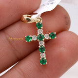 Jesus Cross Emerald Gemstone With Diamond Pendant 14k Yellow Gold Religious Jewelry